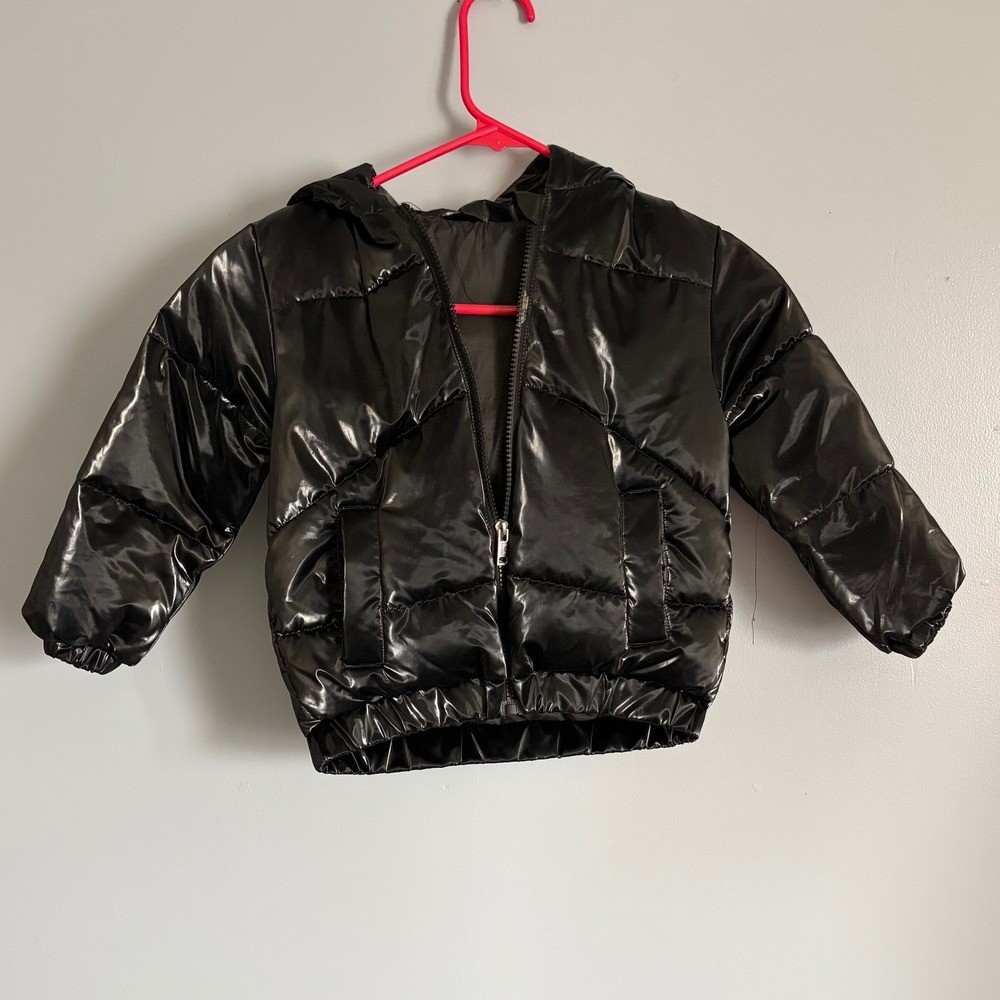 SHEIN Kids Shiny Black Hooded Puffer Jacket Wet Look Quilted Coat Size 5Y